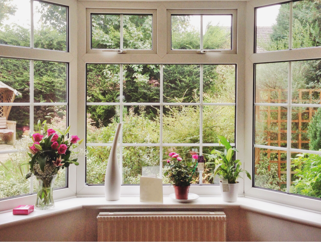 View of a garden through a bay window 