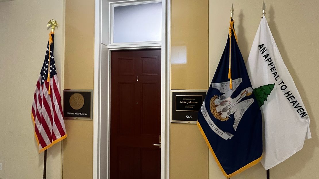 An "Appeal to Heaven" flag is seen outside Speaker Mike Johnson's personal office in the Cannon House Office Building on Wednesday, May 22.