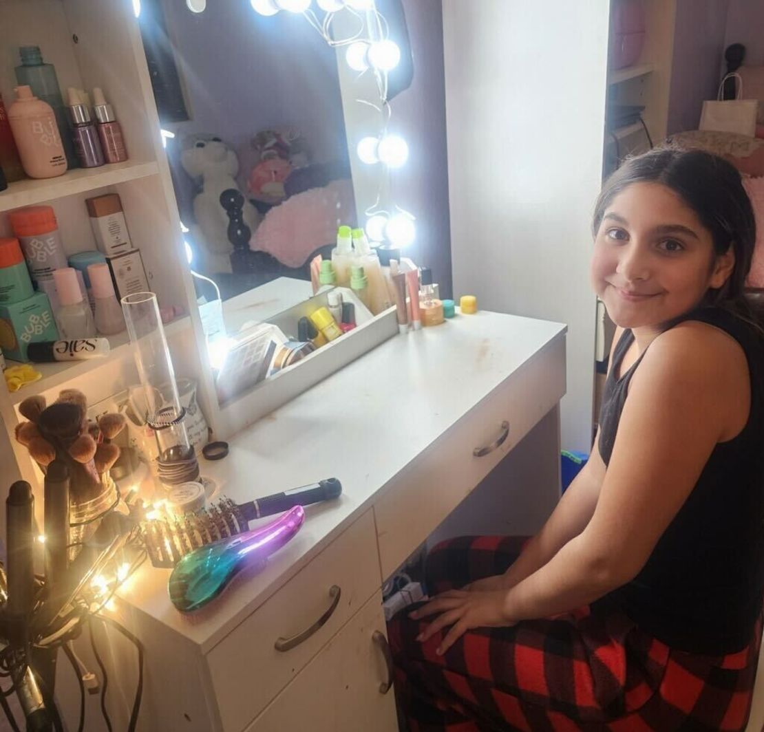 Sheryl Jorgensen Masowdi’s tween daughter got a vanity for Christmas so she could display all of her skincare collection.