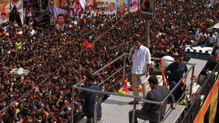 Tragedy struck during an election campaign of Tamilaga Vettri Kazhagam led by actor turned politician Vijay, in Karur district of Tamil Nadu. Copyright: xSeshadrixSukumarx (Newscom TagID: imagothree036744.jpg) [Photo via Newscom]