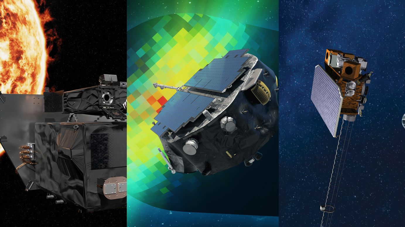 From left to right, this graphic illustrates how NASA’s Carruthers Geocorona Observatory, IMAP (Interstellar Mapping and Acceleration Probe), and the National Oceanic and Atmospheric Administration’s (NOAA) Space Weather Follow On-Lagrange 1 (SWFO-L1) missions will map our sun’s influence across the solar system in new ways.