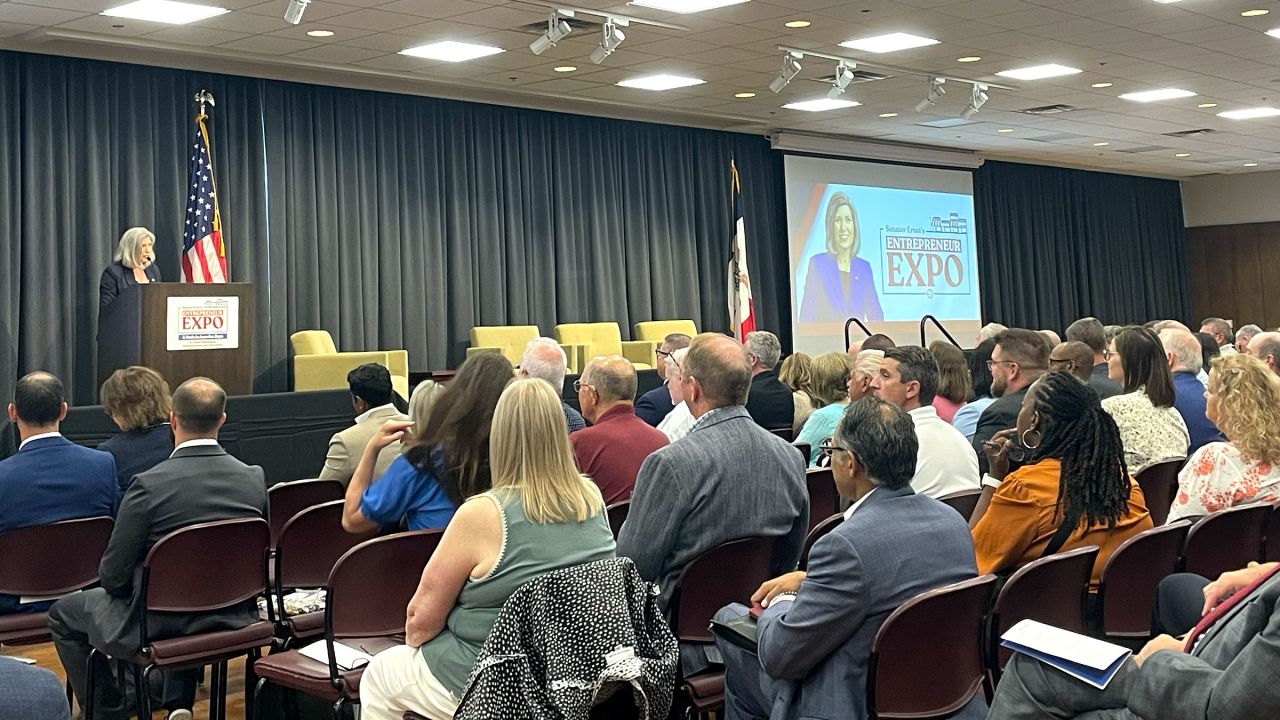 Sen. Joni Ernst speaks at the "Made in America Expo" in Ames, Iowa, on Tuesday, April 22, 2025.