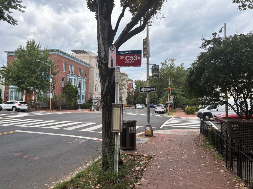The bus stop on the corner of 8th Street and C Street Northeast in Washington, DC, just steps from where off-duty firefighter Gary Dziekan was shot on the night of September 20.
