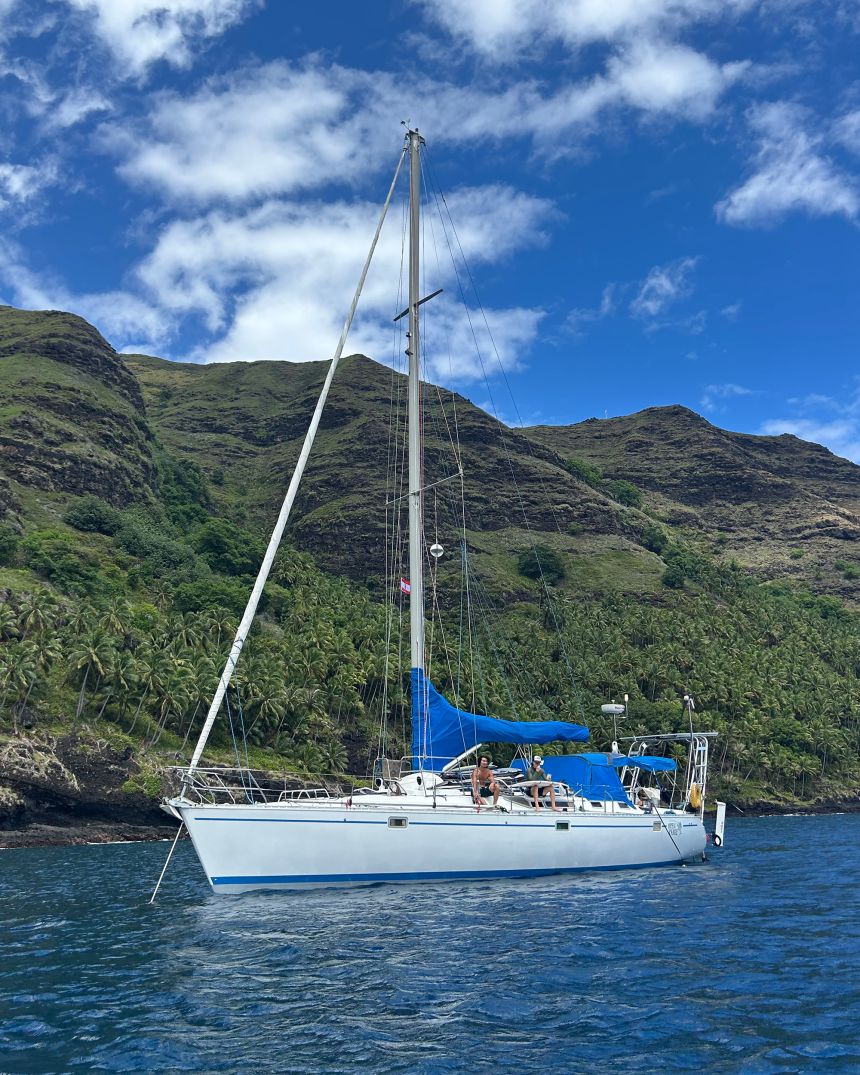 Andrew Huang and Pat Rabin on the SV Open Range in April 2025. They joined their three friends — Lauren Sanders, Jack Elliott and Ted Lewitt — as they sought experiences beyond the keyboard by sailing across the Pacific.