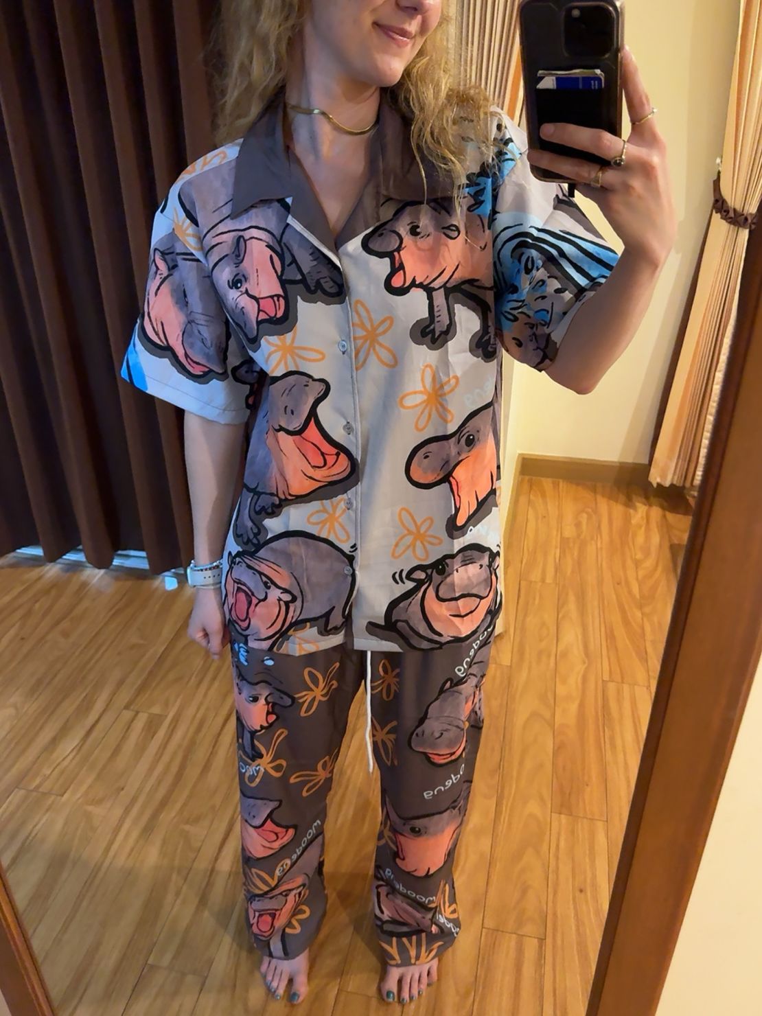 Swindall bought Moo Deng-themed pajamas while in Thailand.