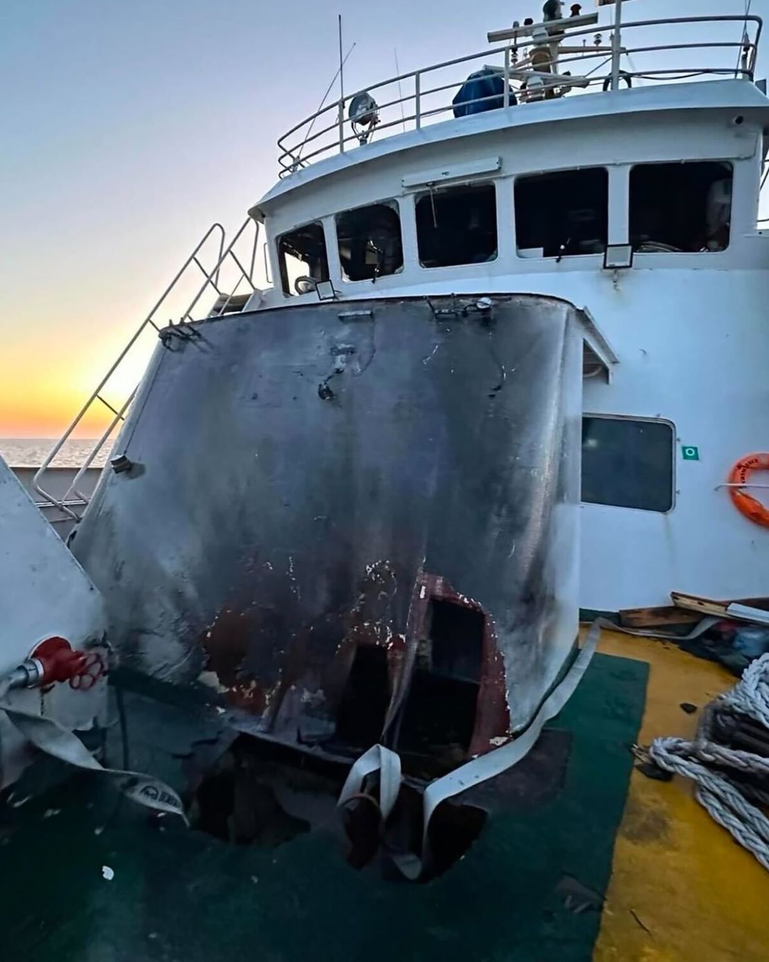Photos shared with CNN showed damage on the ship's deck.