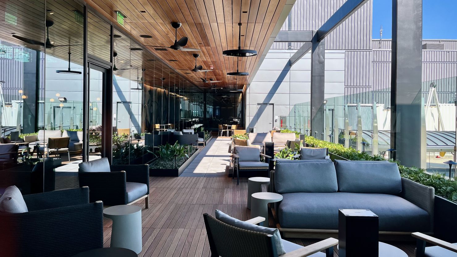 An outdoor terrace at the American Express Centurion Lounge in Atlanta, Georgia