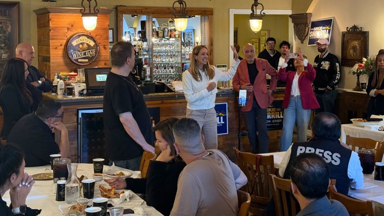New Jersey Democratic Rep. Mikie Sherrill campaigns for her party’s gubernatorial nomination at Renato’s Pizza Masters in Jersey City, New Jersey, on May 24, 2025. 