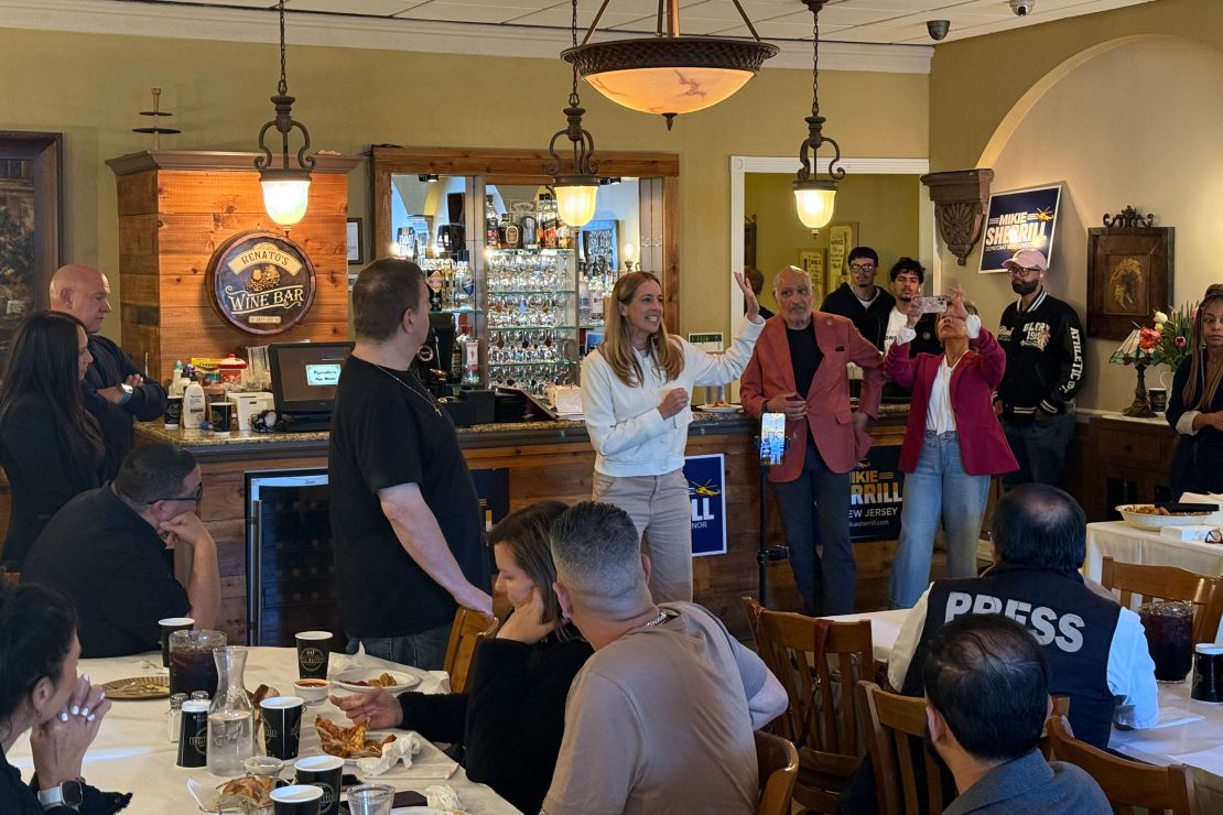 New Jersey Democratic Rep. Mikie Sherrill campaigns for her party’s gubernatorial nomination at Renato’s Pizza Masters in Jersey City, New Jersey, on May 24, 2025.