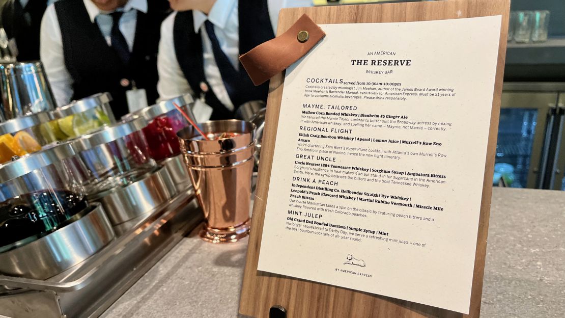 A photo of the Atlanta Centurion Lounge's whiskey cocktail menu