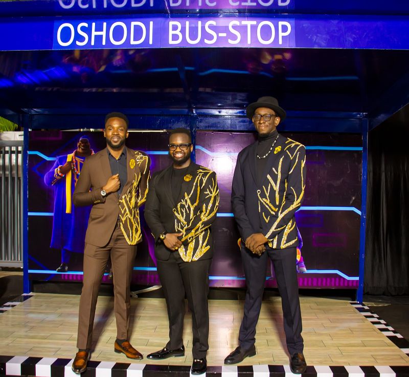 Kugali co-founders Olufikayo 'Ziki' Adeola (left), Hamid Ibrahim (middle), and Tolu Olowofoyekul (right) attend a screening of 'Iwájú' in Lagos, Nigeria on February 27.