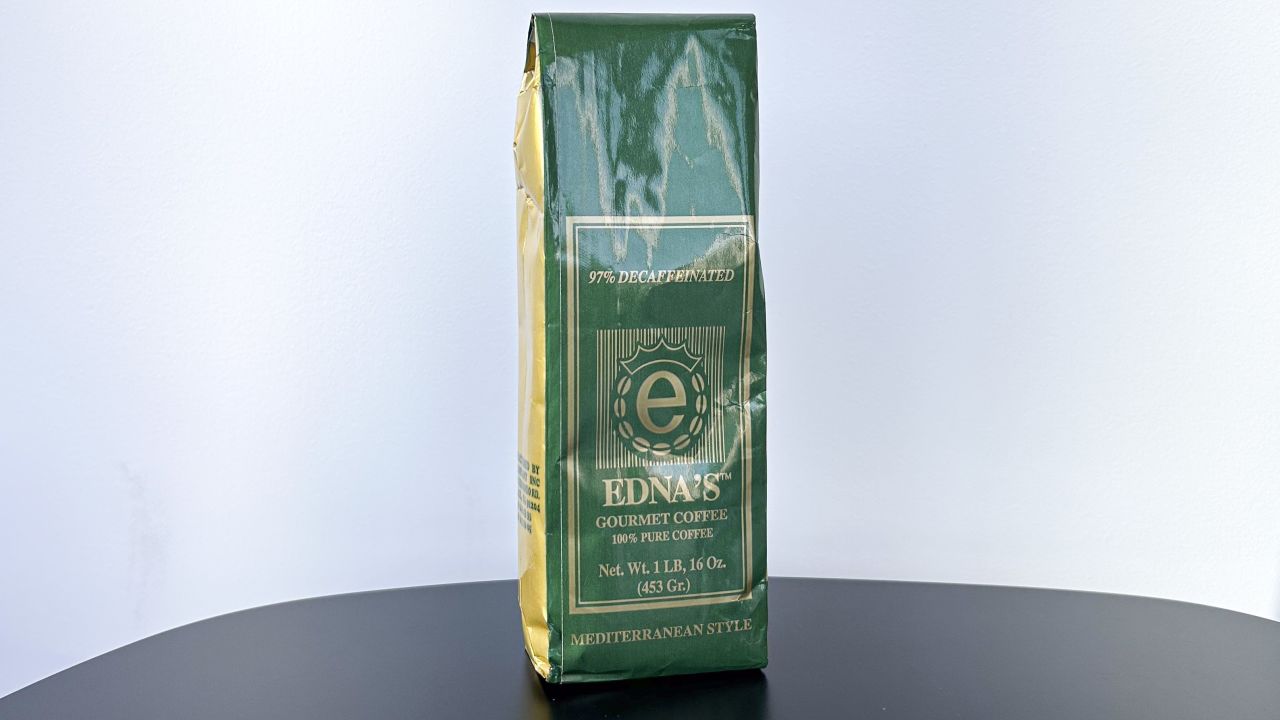 Green bag of Edna's Armenian coffee placed against white background.