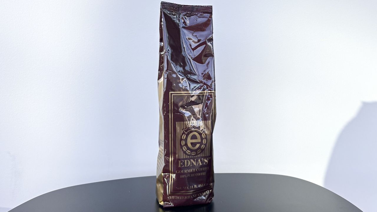 Brown bag of Edna's Armenian coffee placed against white background.