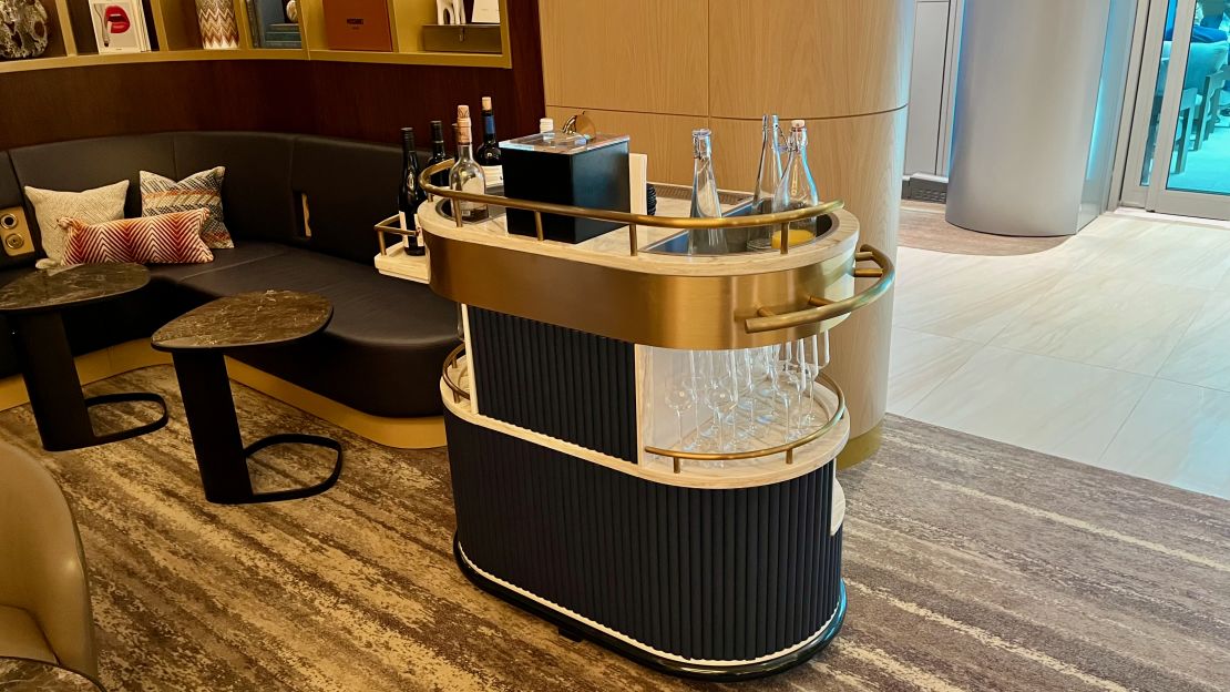 A photo of a bar cart at the Delta One Lounge