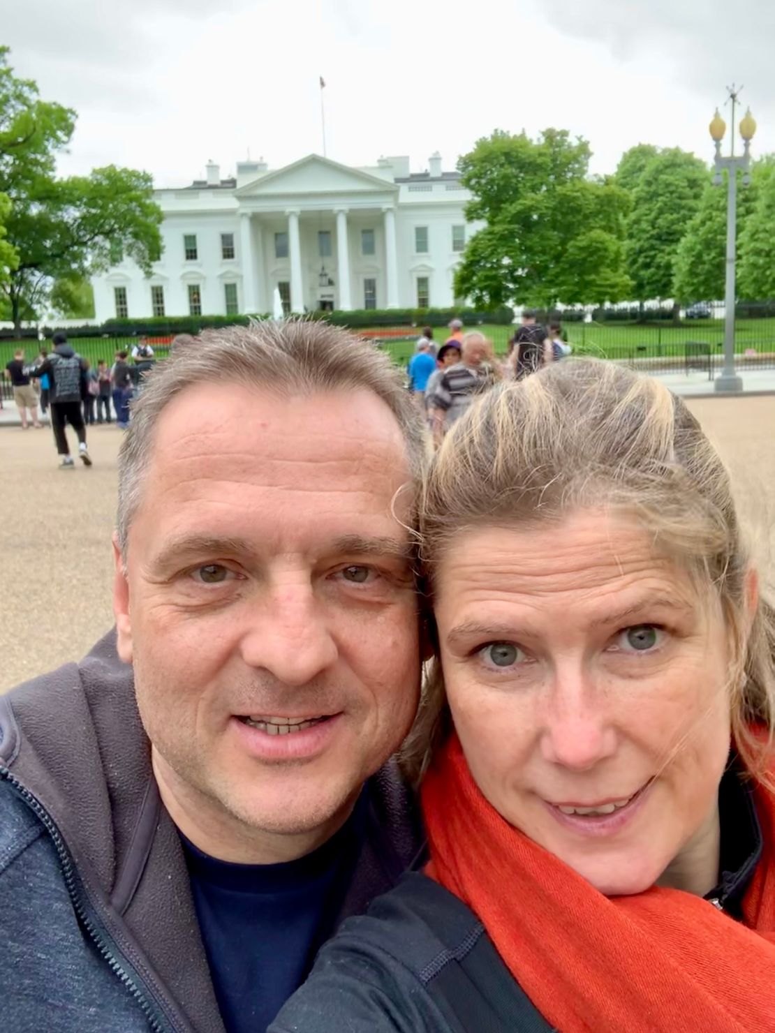 Andreas and Gabriele Sappok take a photo outside the White House in Washington, DC.