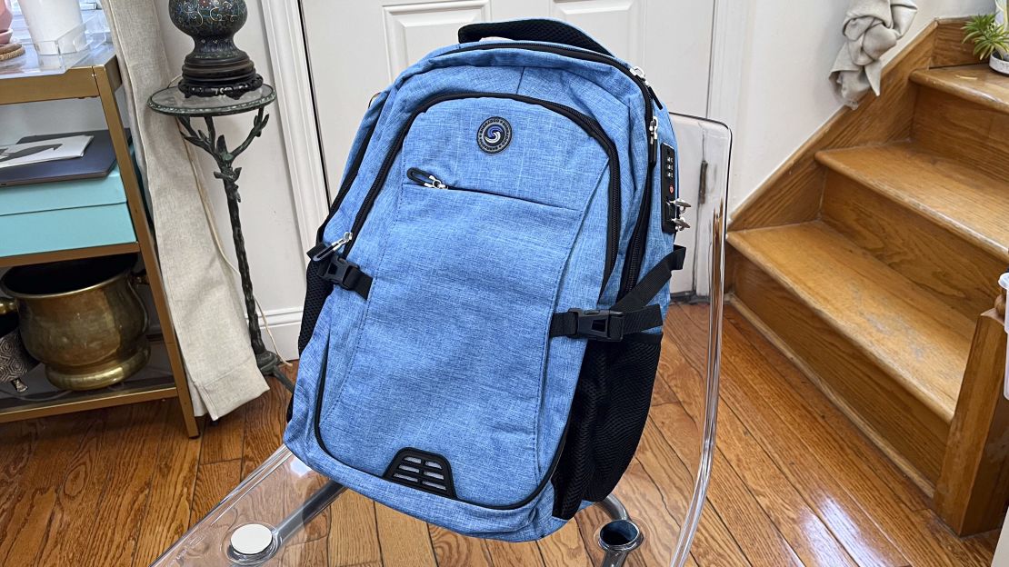 A photo of a blue Shrradoo anti-theft backpack