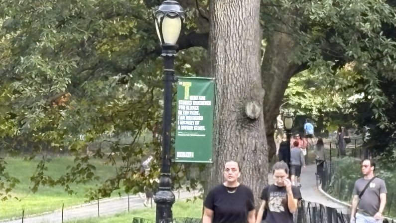 The park sign has very blurred text