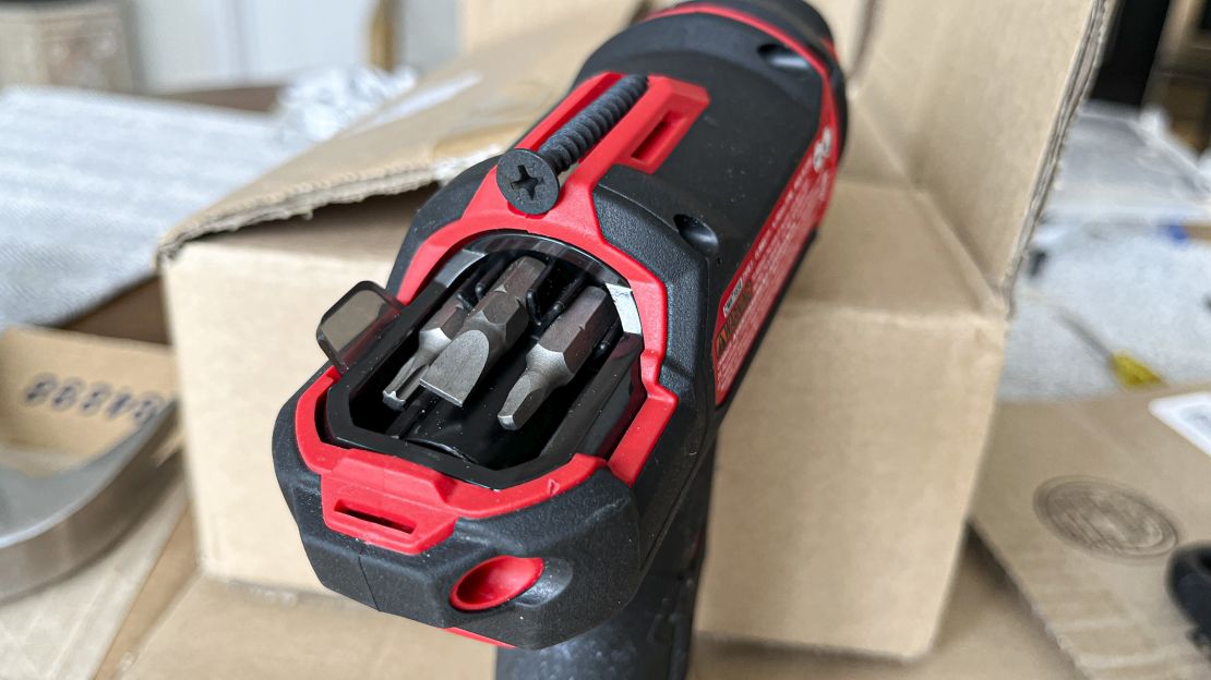 The Craftsman Cordless Screwdriver's open bit storage reveals interchangeable screwdriver bits.