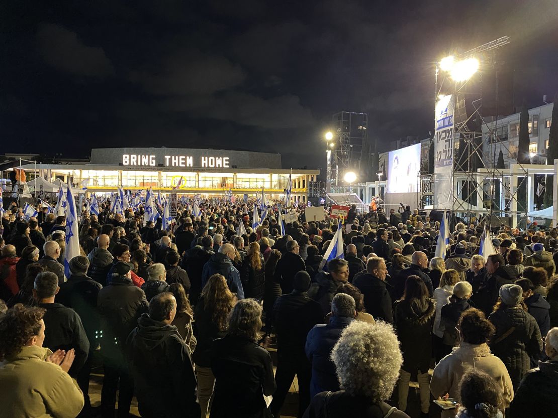People gather for an anti-government protest outside Israel's national theater in Tel Aviv on Saturday, February 3, 2024.