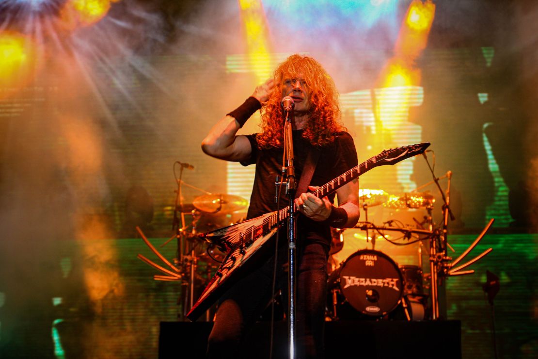 Dave Mustaine on stage at the JogjaROCKarta festival with his thrash metal band Megadeth in 2018.
