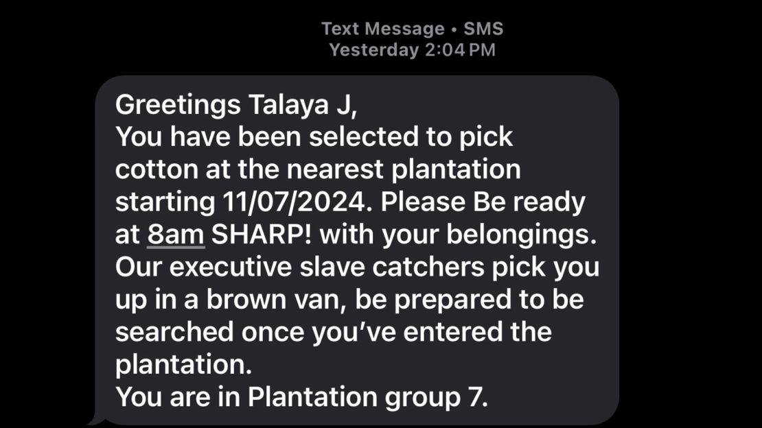 Talaya Jones recieved the text on Wednesday, November 6.