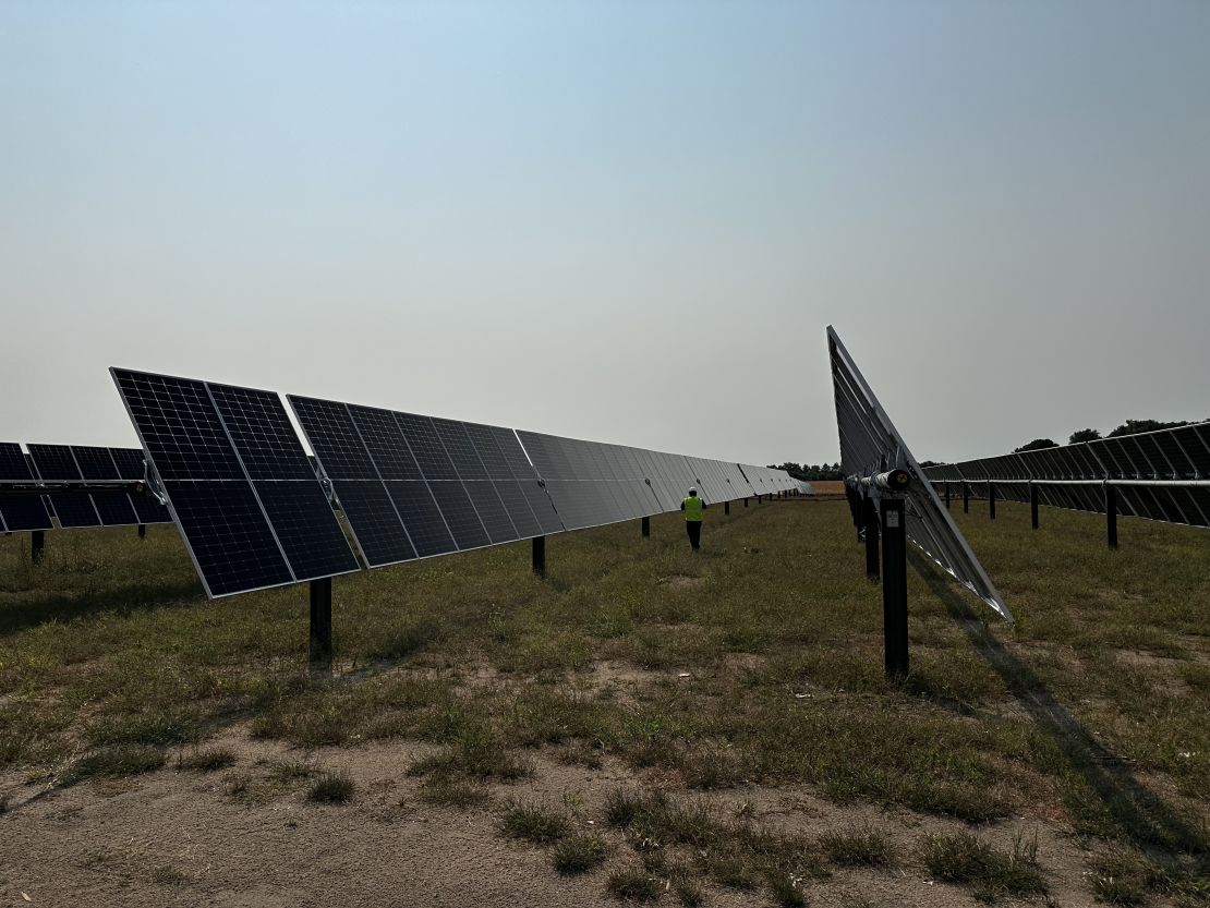 Solar panels sit on acres of old farmland in Becker, Minnesota — part of Xcel Energy's massive Sherco solar project.