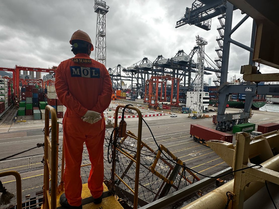 A crew member on board the ONE Modern after it berthed in the Port of Hong Kong in early June.