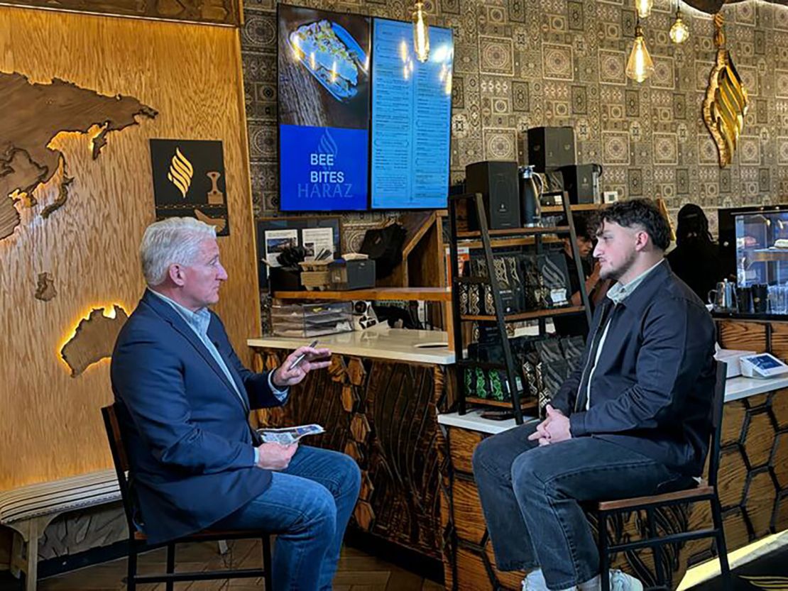 John King talks to Wayne State University Law School student Ibrahim Ghazal in Dearborn, Michigan.