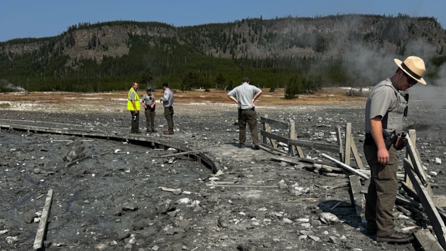 The boardwalk near the Sapphire Pool in Yellowstone Park was damaged by the Tuesday morning explosion.