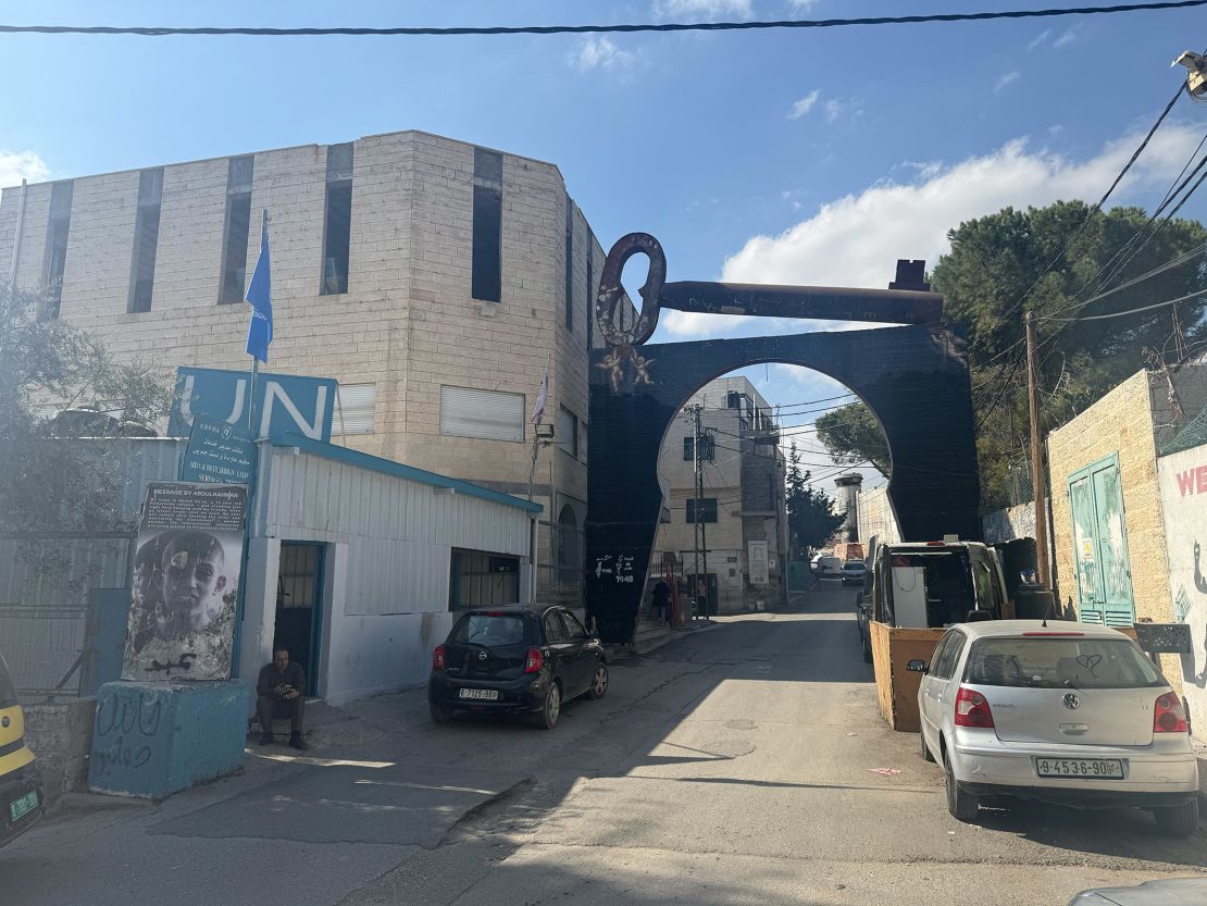 The entrance to Aida Refugee Camp, near Bethlehem, in the occupied West Bank. Above the entrance to the camp is a key, symbolizing the Palestinians' right to return to villages from which they were forced in 1948.