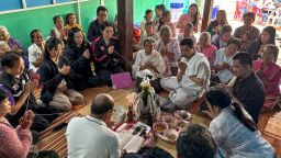 Freed Thai national Surasak Lamnao participates in a ceremony organized by villagers to celebrate his return at Ban Dung town, Udon Thani province, Thailand, on February 15, 2025, following his release in a hostage-prisoner exchange between Israel and Hamas as part of a ceasefire deal.