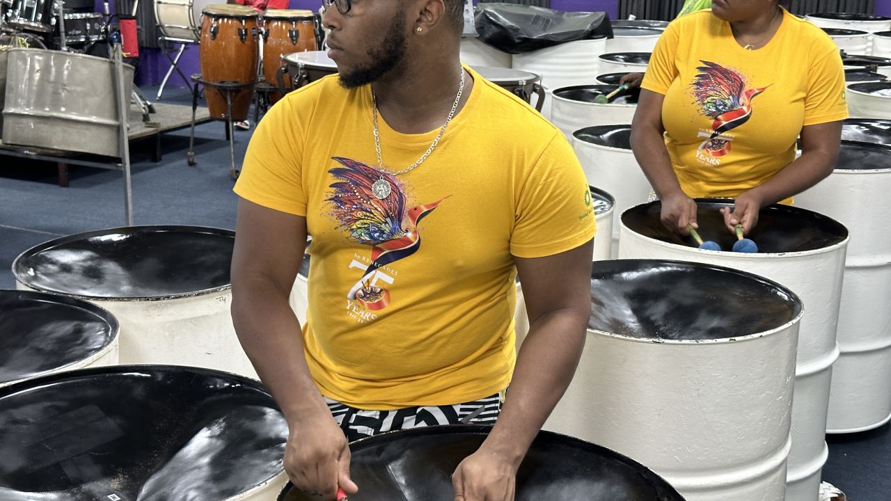 Members of the Renegades steel pan orchestra practicing in Trinidad.