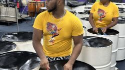 Members of the Renegades steel pan orchestra practicing in Trinidad.