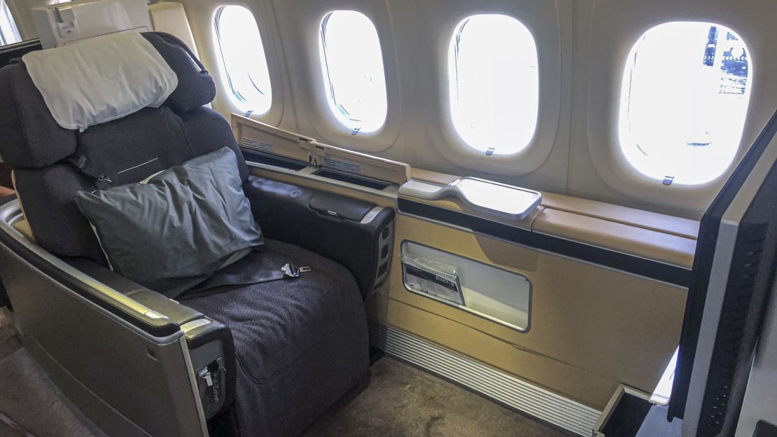 A photo of a Lufthansa first class seat on a Boeing 747-8 aircraft