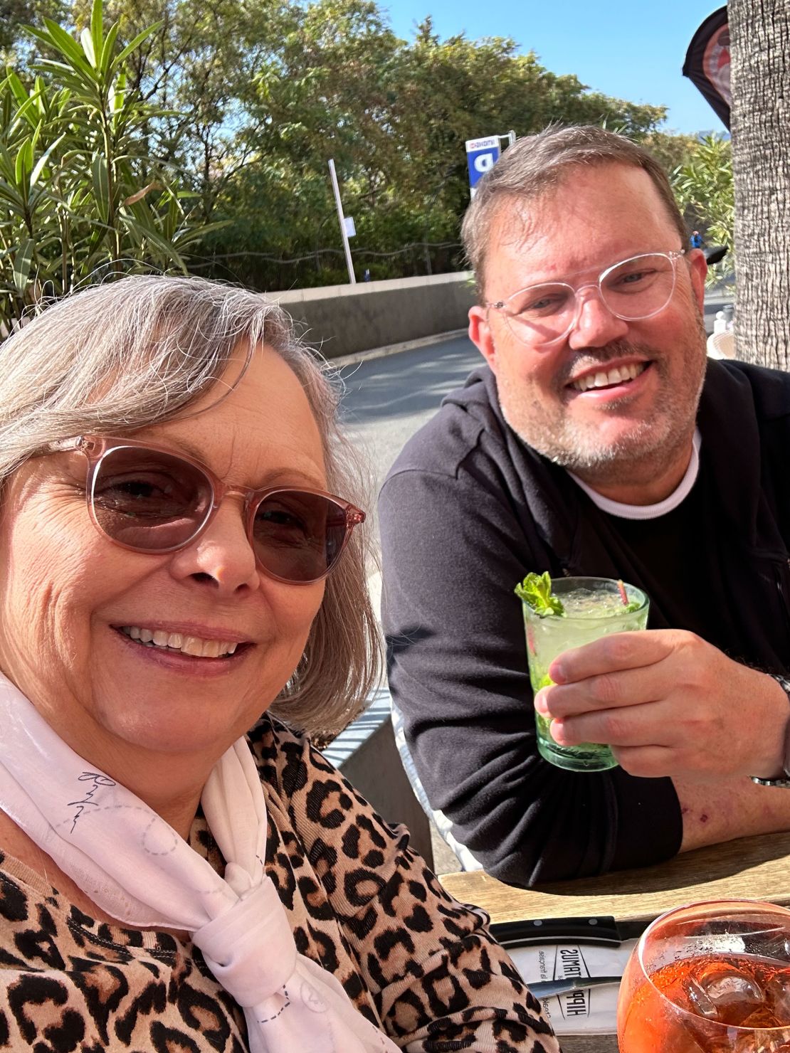 Pennie and Geoff enjoy the sunshine at the Promenade du Paillon in Nice.