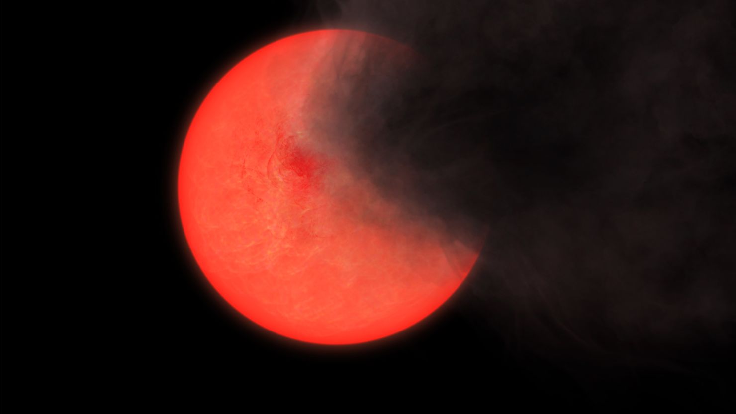 An artist's illustration depicts an an old smoker star, or an aging red giant star releasing a thick cloud of smoke and dust.