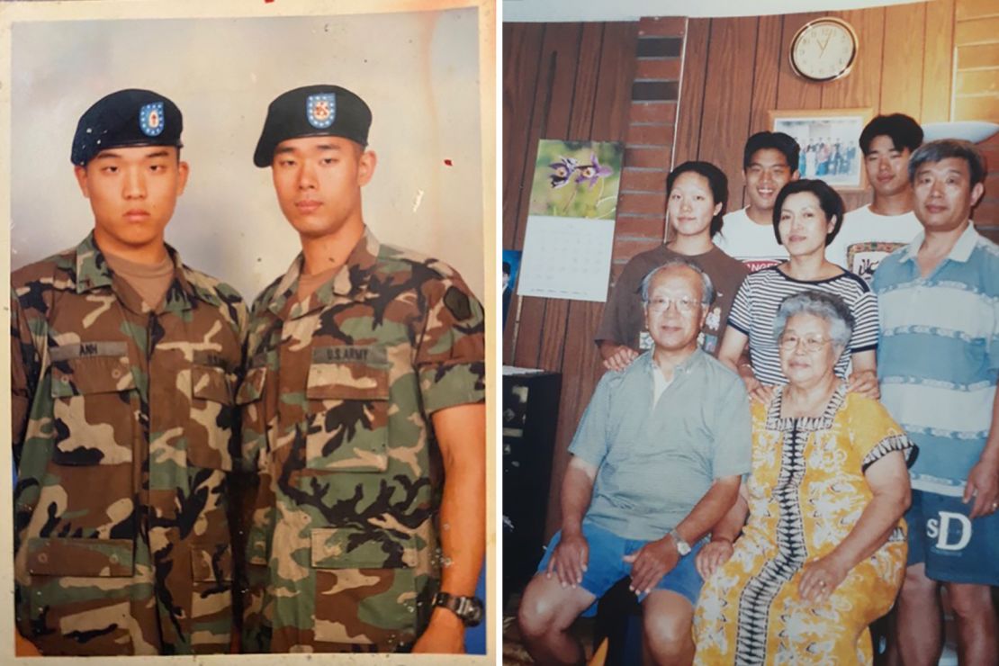 Chef Sung Anh with his brother in the US Army (left) and with family in California (right).