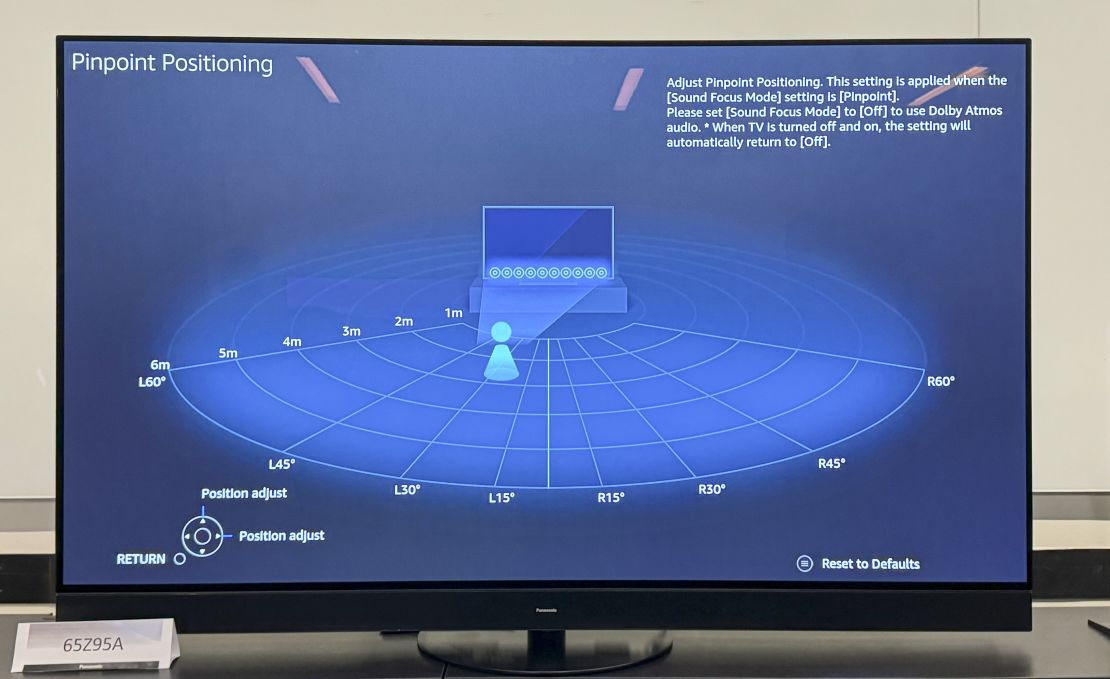 The Panasonic Z95A TV's audio positioning menu is open