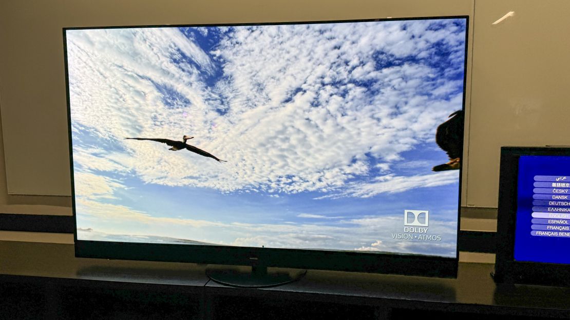 The Panasonic Z95A OLED TV is playing a Dolby Vision demo with a bird flying on a slightly cloudy day