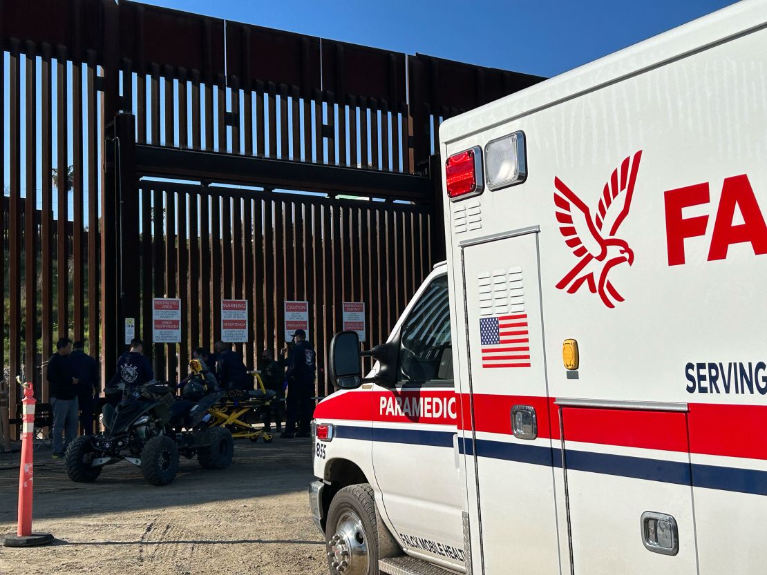 An ambulance arrived at a site along the California border with Mexico known as Whiskey 8 to assist a 27-year old man from Mauritania who fell from the border wall, according to a humanitarian aid worker.