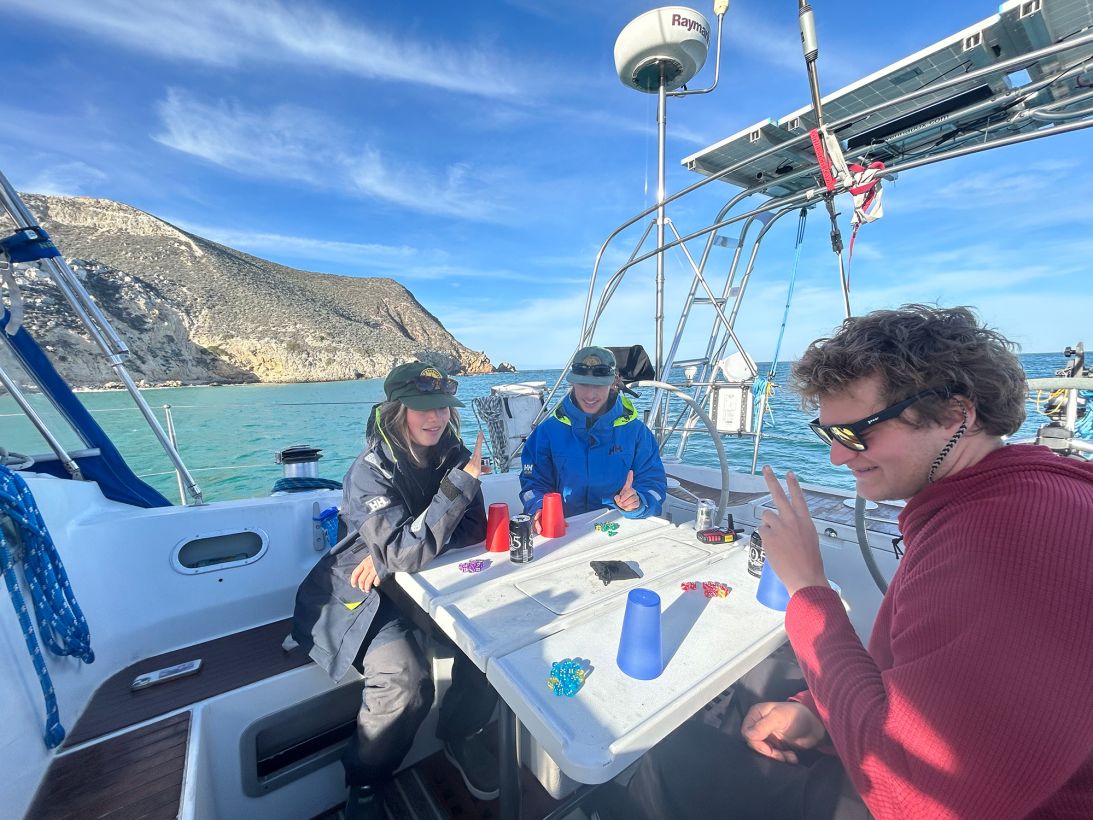 Lauren Sanders, Pat Rabin and Ted Lewitt (left to right) in February 2025 near San Miguel Island in California. The group sailed down the coast to Cabo San Lucas, Mexico, ironing out small problems along the way, before embarking on their Pacific crossing.