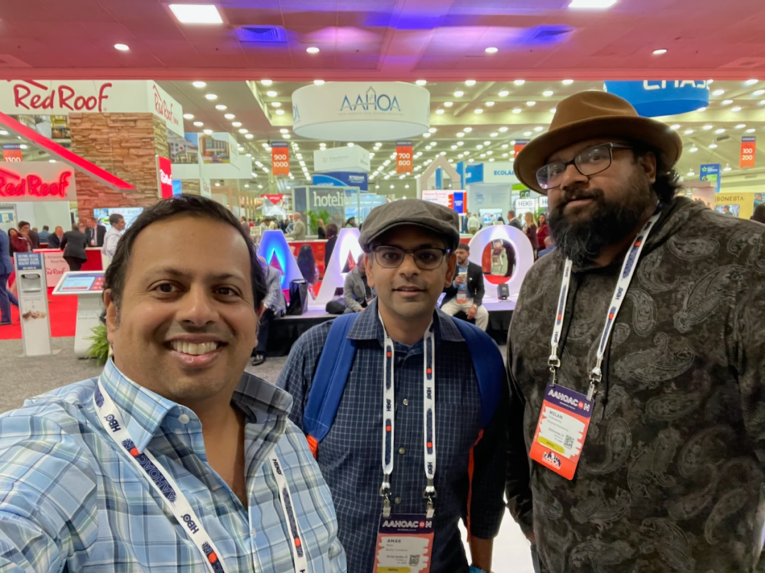 Directors Rahul Rohatgi and Amar Shah and producer Milan Chakraborty at the 2022 Asian American Hotel Owners Association convention in Baltimore, Maryland. The team has attended the conference annually for four years while researching 