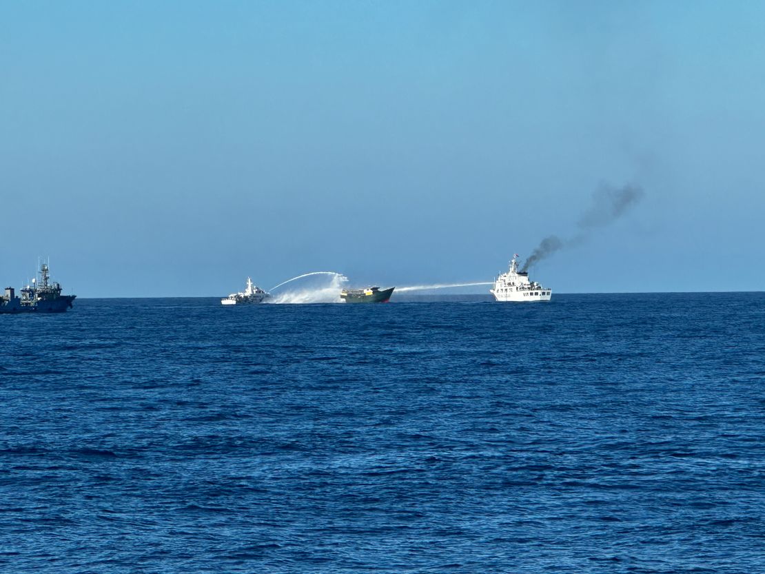 CNN witnessed Chinese vessels deploying water cannons on a Philippine boat in the South China Sea, on a resupply mission to the Second Thomas Shoal on March 5, 2024.