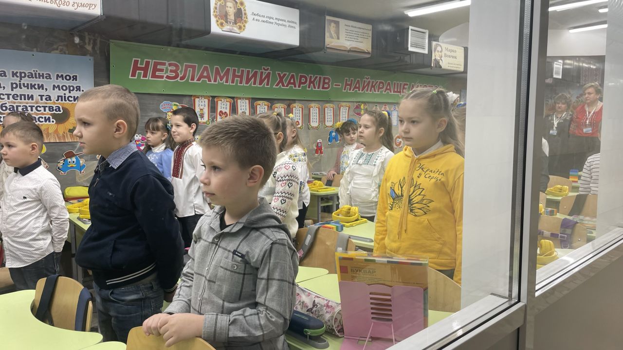 “Indestructable Kharkiv” reads a banner in one of seven classrooms at one of the metro school’s sites. Every morning, the children observe a minute’s silence for their dead compatriots in the war against Russia.