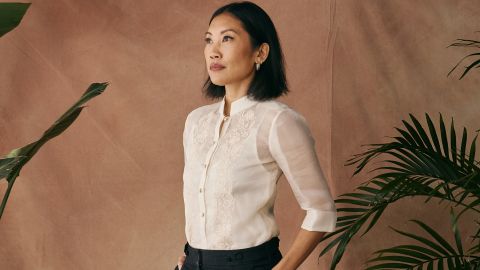 The barong's sheer fabrication and handcrafted quality align with current trends seen across fashion runways and social media. Pictured here: author Melissa Magsaysay in her own barong.