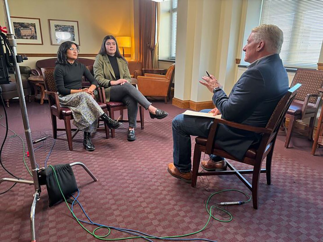 John King speaks with University of Michigan students Anushka Jalisatgi and Jade Gray in Ann Arbor.