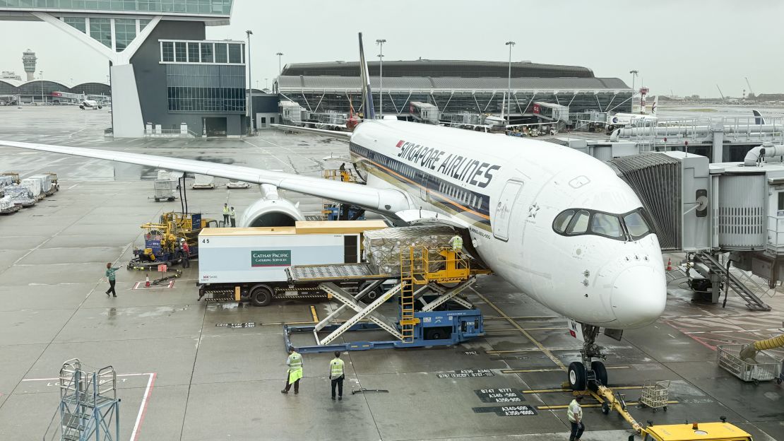 Singapore Airlines Airbus A350 at gate at HKG