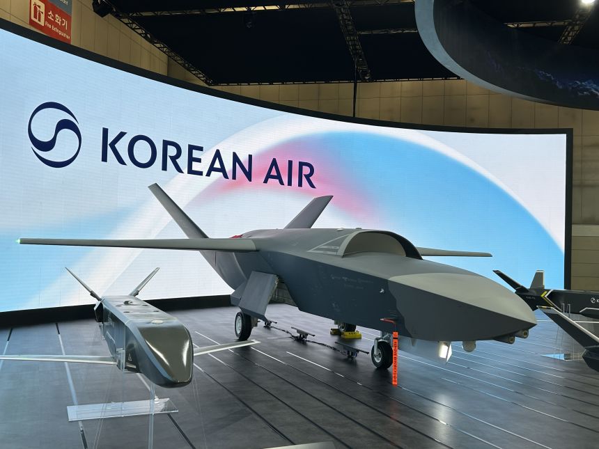 Drones manufactured by Korean Air are on display at the Seoul ADEX 2025 defense exhibition in October, 2025.