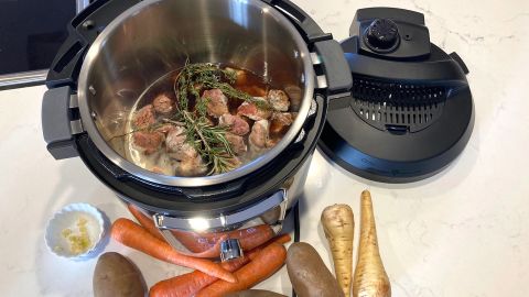Stew ingredients in an Instant Pot pressure cooker