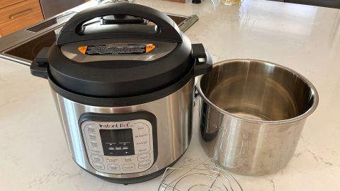The Instant Pot Duo pressure cooker, on a kitchen counter